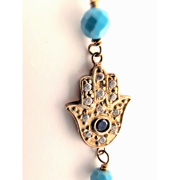 925 Vtg Hamas Hand Of Fatimata Evil Eye Blue beveled Beads Goldtone bracelet - Picture 3 of 11